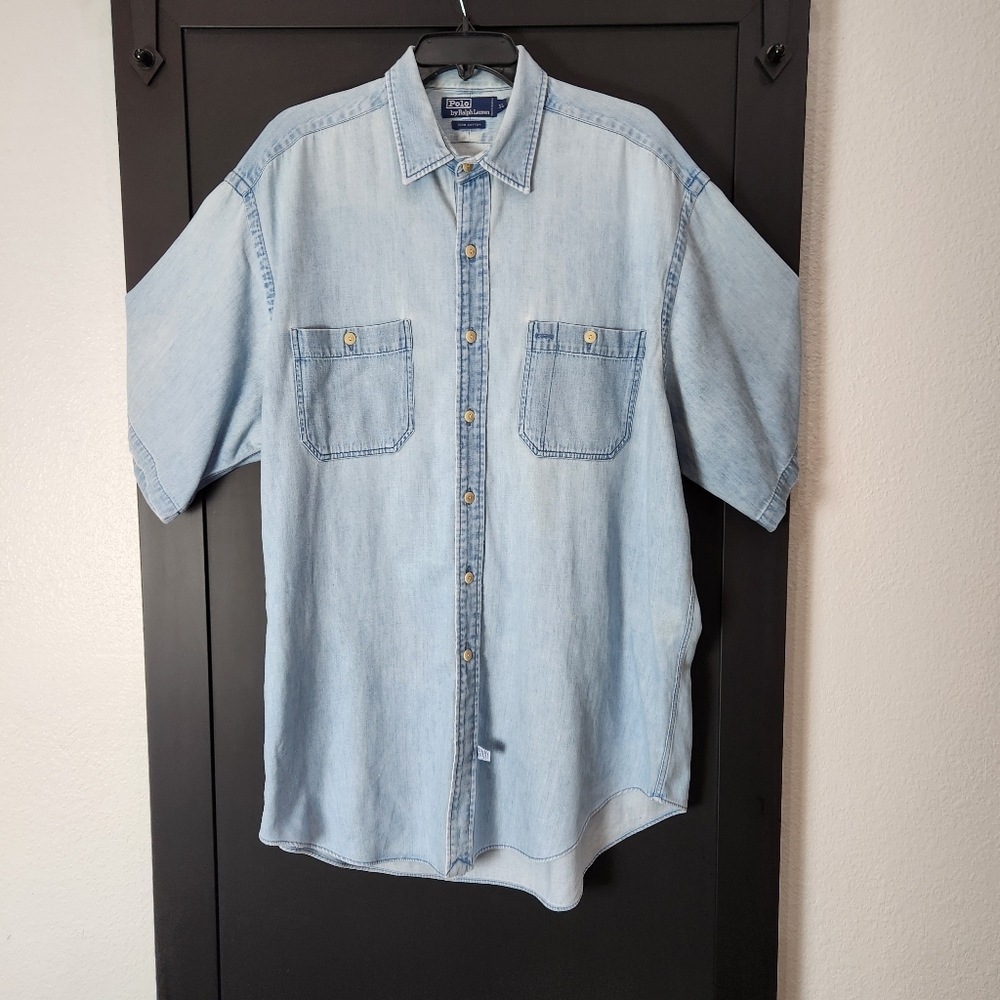 VINTAGE 90s Y2K POLO RALPH LAUREN SHORT SLEEVE SOFT DENIM GINGHAM SHIRT SIZE XL
